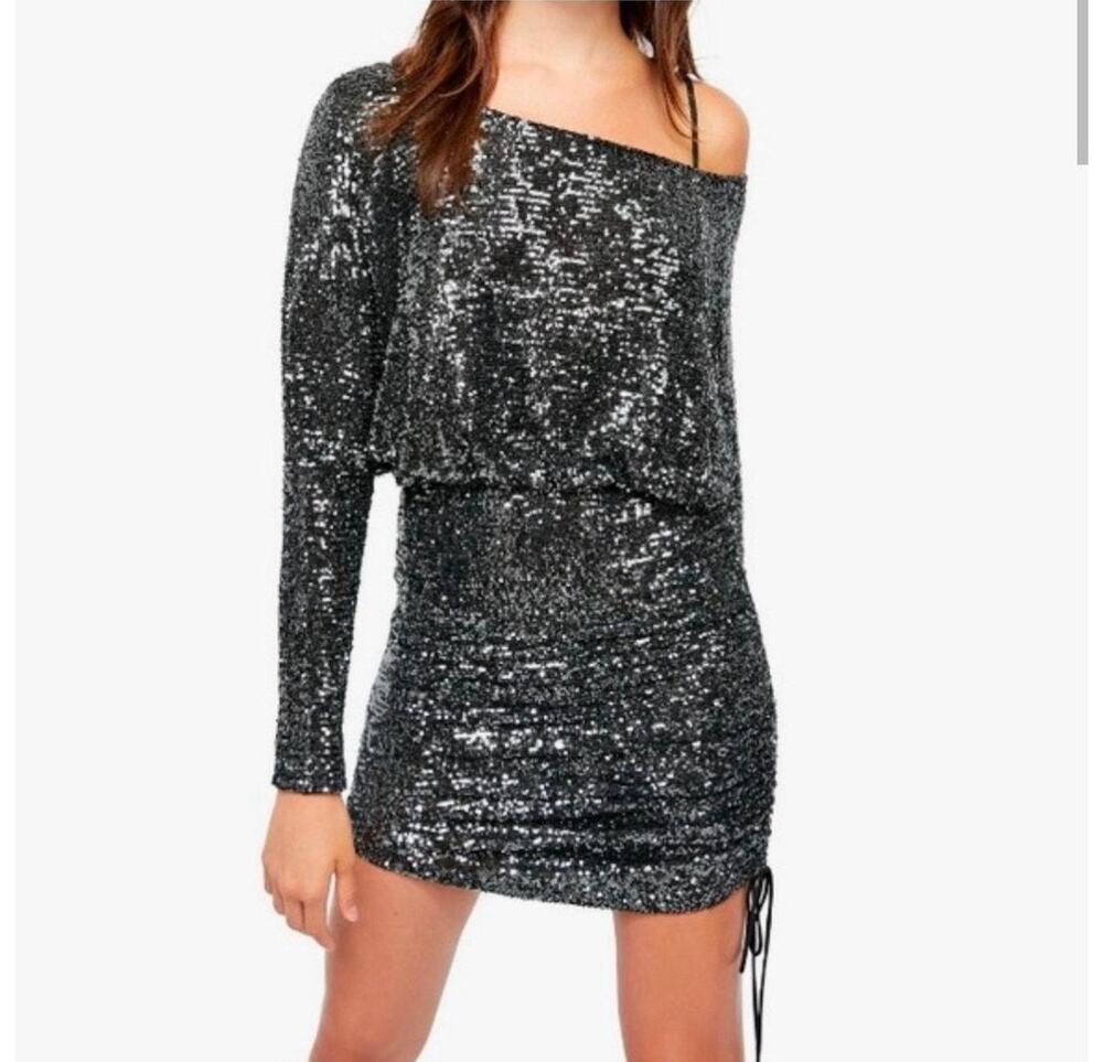 Free People Giselle Sequin Black/Graphite Mini Dress, Medium